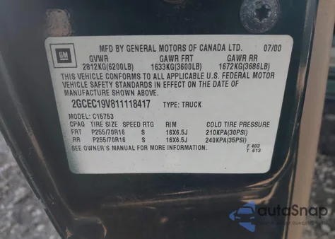 2001 Chevrolet Silverado 1500 Ls из США, поврежденный, VIN 2GCEC19V811118417